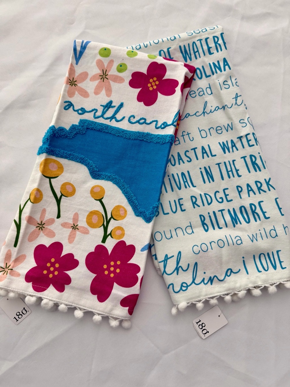 North Carolina Floral Tea Towel SET (2) Blue State Applique and Printed Icons